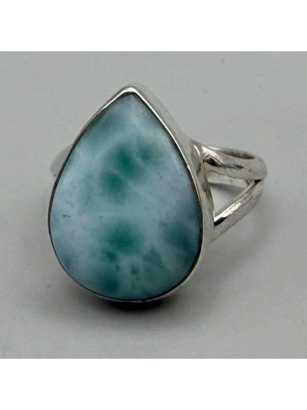 Larimar Teardrop Ring Split Shank Caribbean Blue Marked 925 Sterling Silver Sz 8